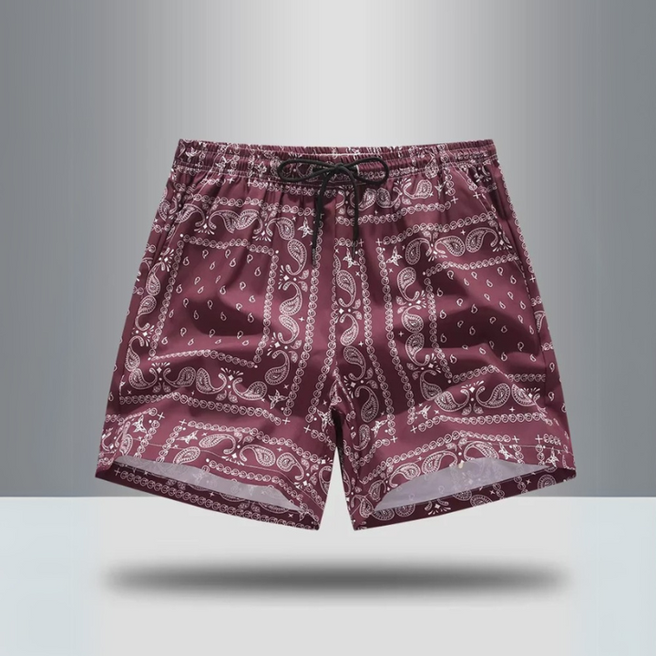 Performance athletic shorts with vibrant paisley print. Ideal for men's gym, workout & casual wear.