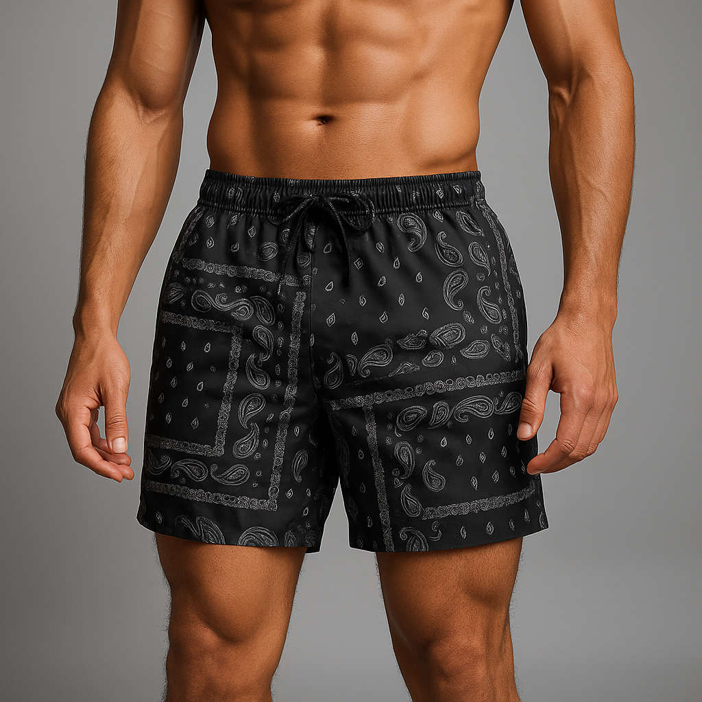 Retro-inspired men's paisley athletic shorts. Comfortable performance wear for gym or streetwear.