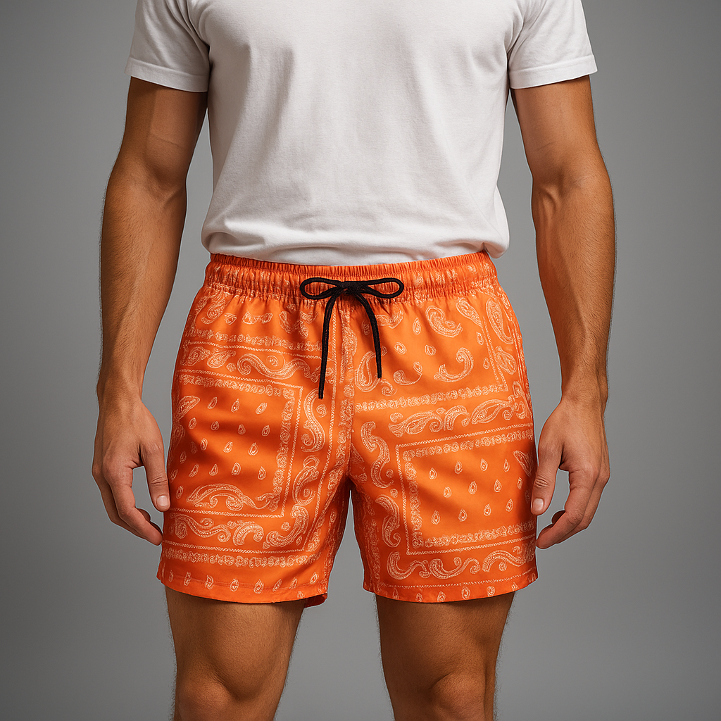 High-performance men's athletic shorts with unique paisley design. Excellent for workouts & active wear.
