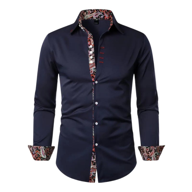 Fashion-forward men's unique paisley print top, slim fit long sleeve shirt for a stylish look.