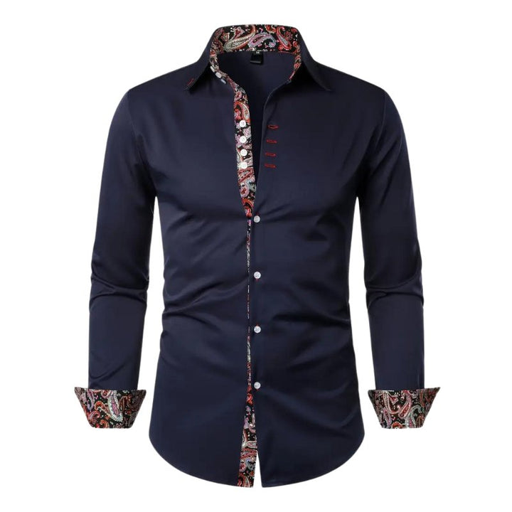Fashion-forward men's unique paisley print top, slim fit long sleeve shirt for a stylish look.