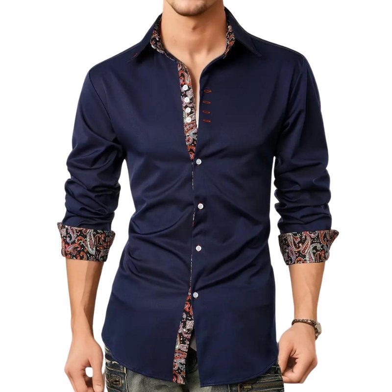 Elegant men's apparel: paisley print slim fit long sleeve shirt, perfect for any occasion.