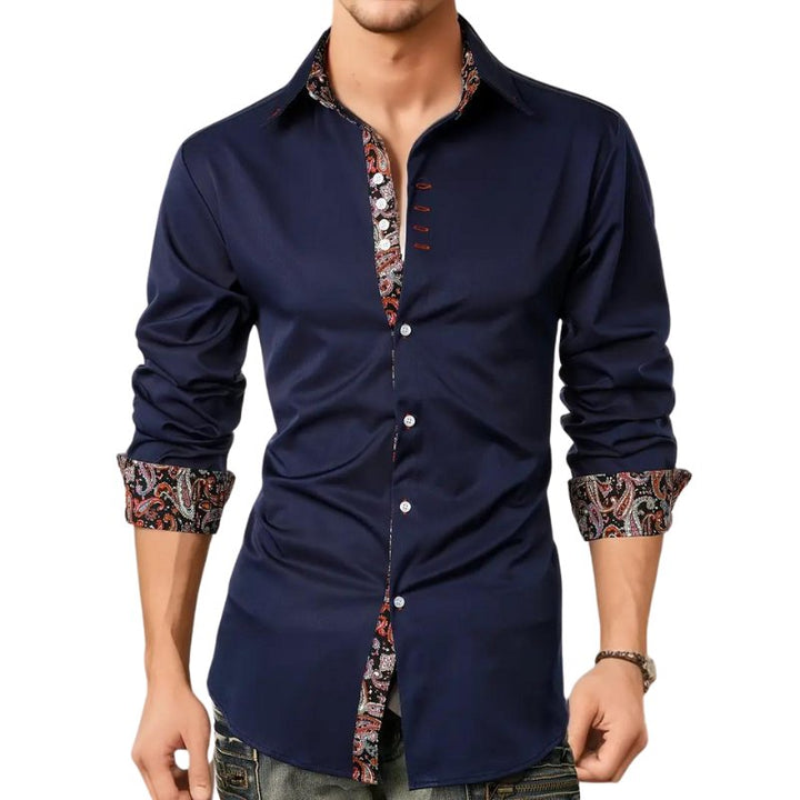 Elegant men's apparel: paisley print slim fit long sleeve shirt, perfect for any occasion.