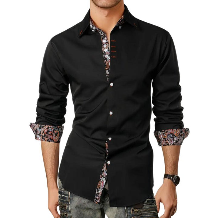 Men's long sleeve shirt with a vibrant paisley pattern. Slim fit, dressy or casual style.