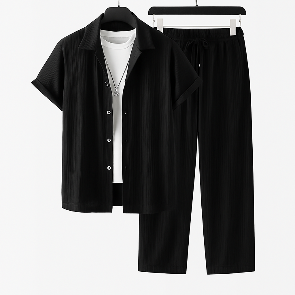 Front view of men's Palermo relaxed fit two-piece outfit. Casual men's top and bottom set for summer style.