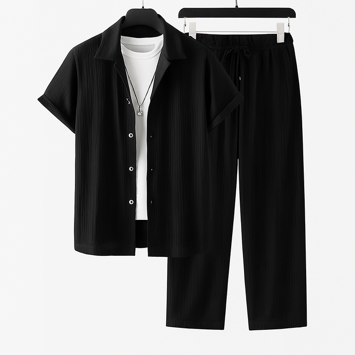Front view of men's Palermo relaxed fit two-piece outfit. Casual men's top and bottom set for summer style.