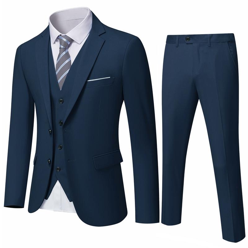 Close-up of a men's tailored suit jacket, showing lapel and button detail. Classic formal wear for men's fashion.
