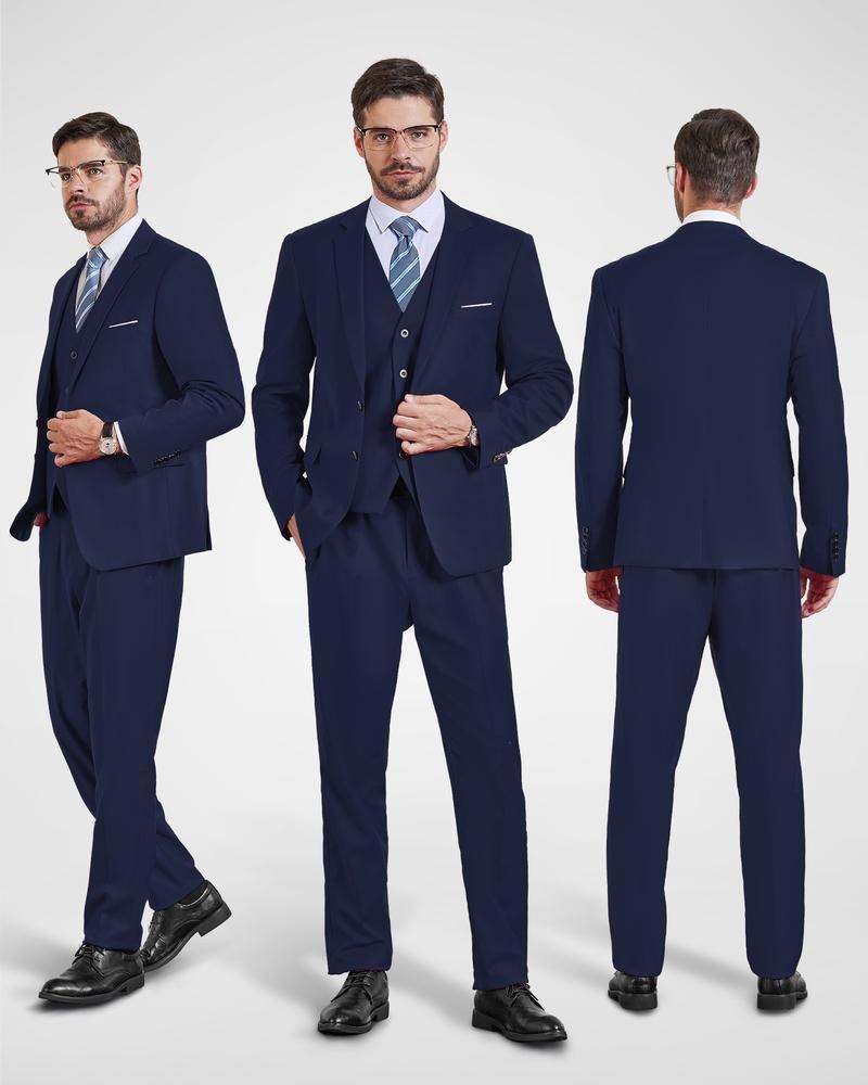 Classic men's three-piece suit in dark fabric, offering a sharp, tailored look. Perfect business & wedding attire.