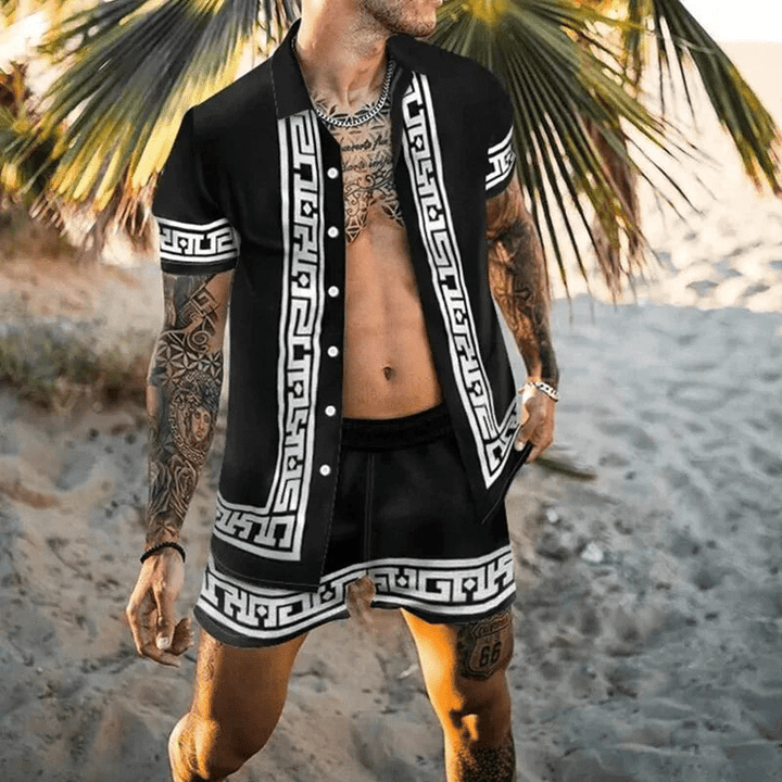 Men's Patchwork Print Two-Piece Summer Set, leisure wear for travel