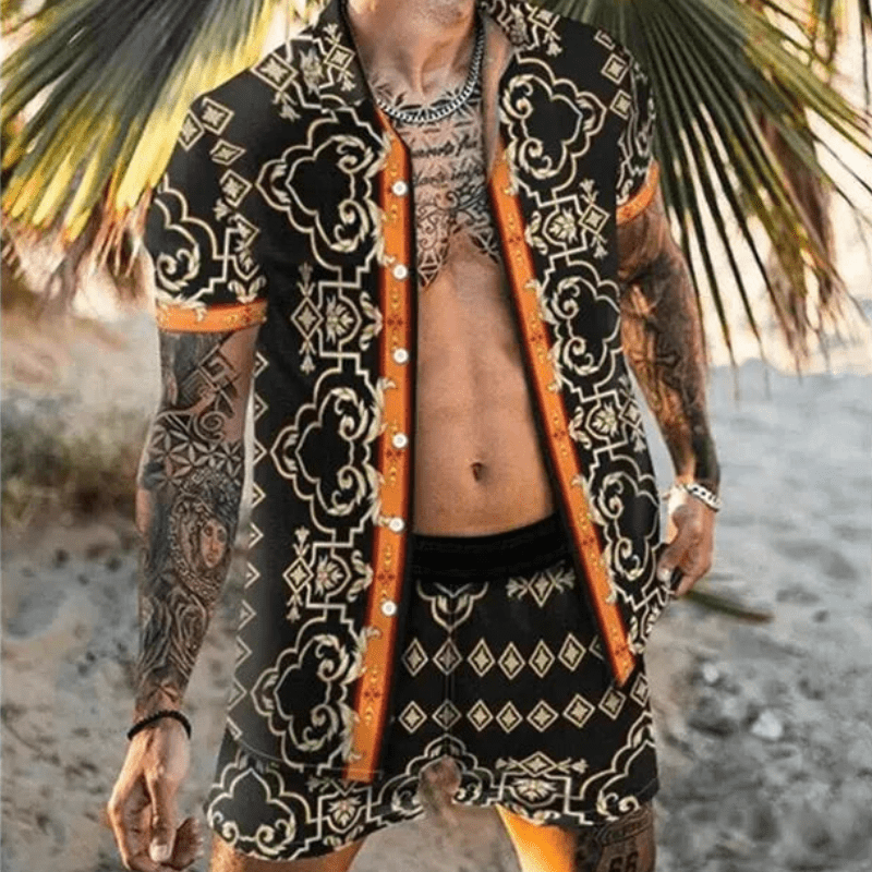 Men's fashion: Patchwork Print Two-Piece Summer Set, modern design