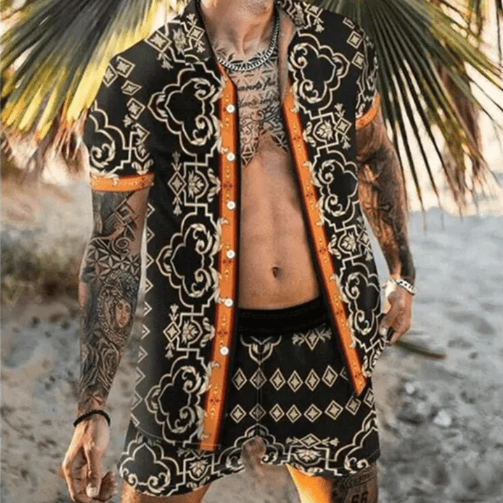 Men's fashion: Patchwork Print Two-Piece Summer Set, modern design