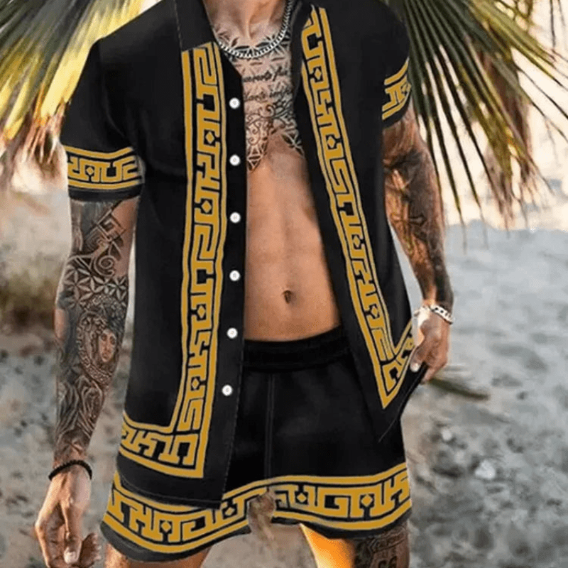 Back view of men's patchwork print two-piece summer set, leisure shorts