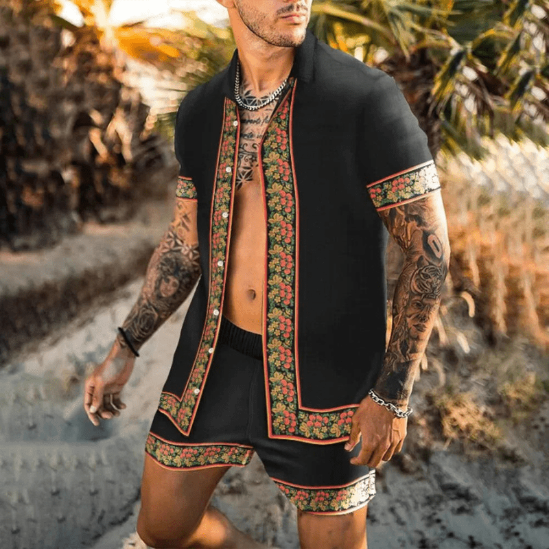 Detail of men's patchwork print summer set shirt collar and fabric pattern