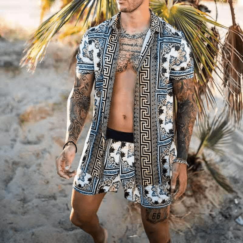 Complete men's vacation outfit: patchwork print two-piece summer set