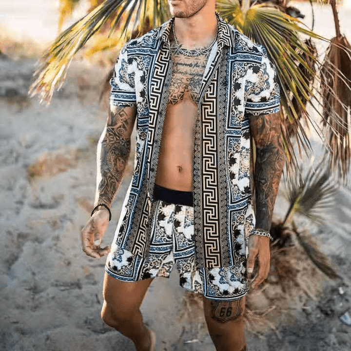 Complete men's vacation outfit: patchwork print two-piece summer set