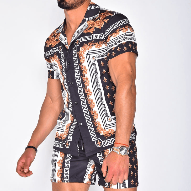 Comfortable men's patchwork print summer set, ideal for casual wear