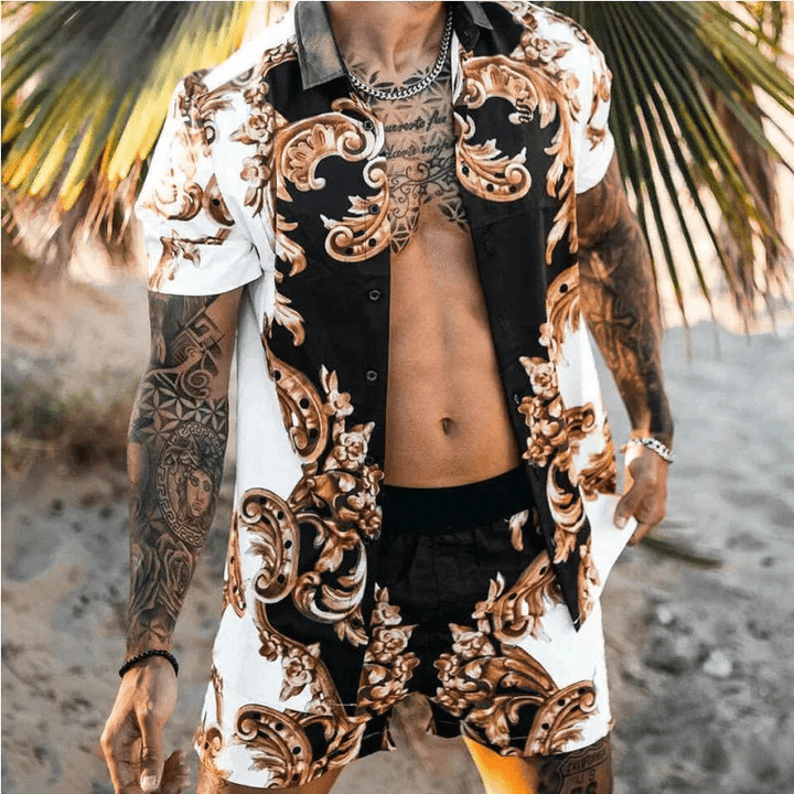 Stylish men's summer set with patchwork print, short sleeve and casual shorts