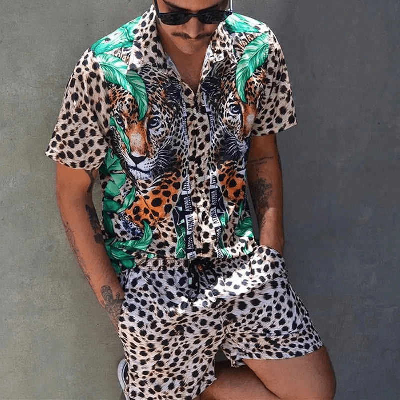 Close-up of patchwork print fabric on men's summer leisure set