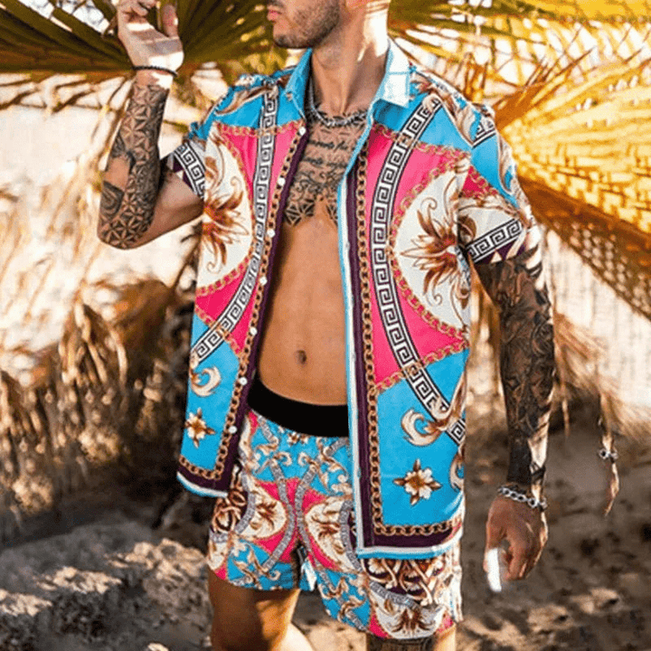 Full view of model wearing men's patchwork print two-piece summer set