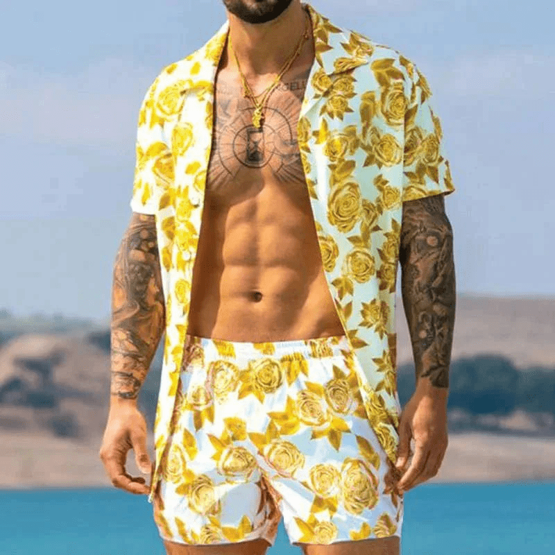Short sleeve shirt from men's patchwork print two-piece set, summer fashion