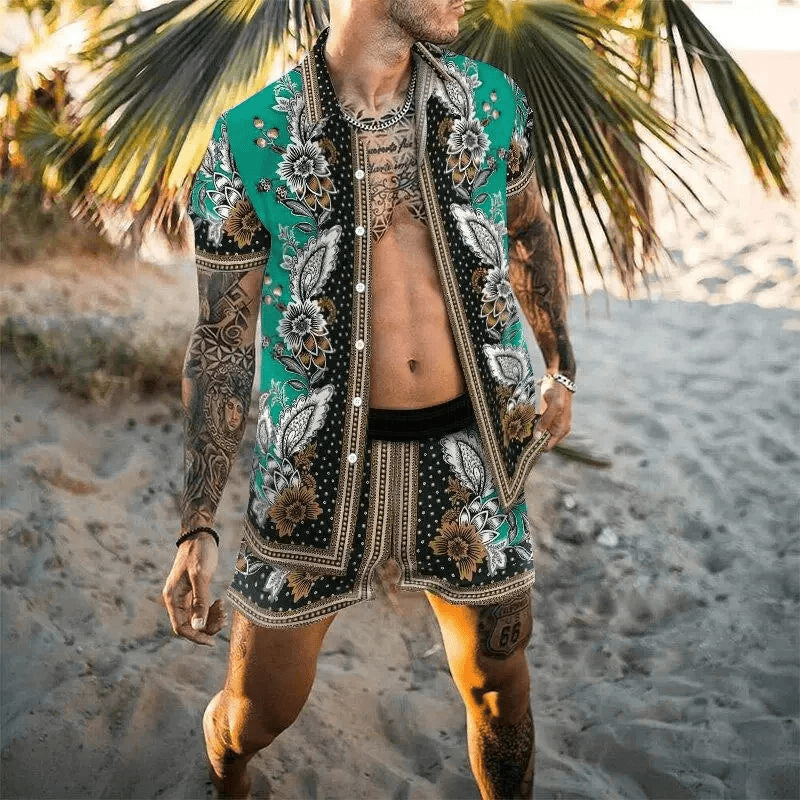 Dynamic shot of man in patchwork print two-piece summer set, active look