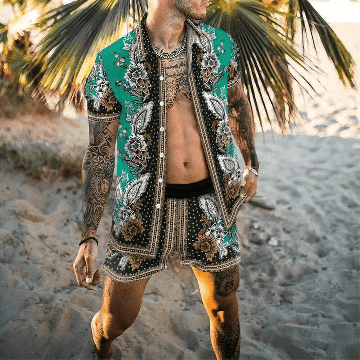 Dynamic shot of man in patchwork print two-piece summer set, active look