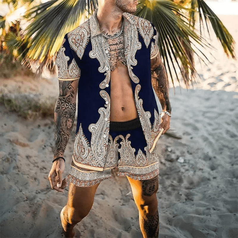 Product flat lay: Men's Patchwork Print Two-Piece Summer Set, high quality