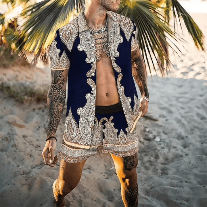 Product flat lay: Men's Patchwork Print Two-Piece Summer Set, high quality
