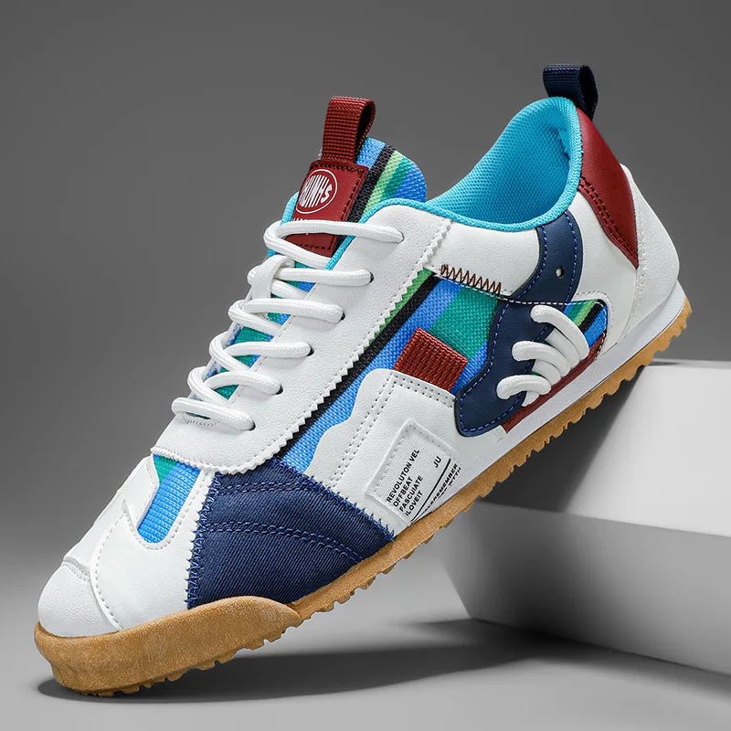 Men's patchwork utility sneakers for trail and street. Stylish, comfortable active footwear.