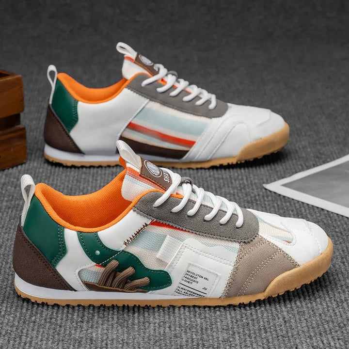 Full view of men's streetwear patchwork sneakers, offering utility, comfort, and bold style for any path.