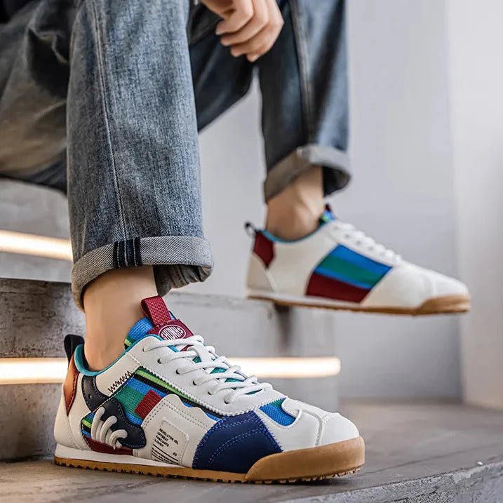 Rear view of men's trail & street sneakers, showcasing heel support and streetwear style.