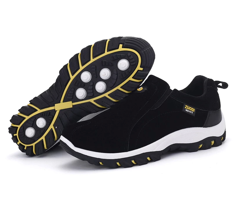 Slip-on PathMaster orthopedic men's hiking shoes offering arch support & comfort for active outdoor walking.