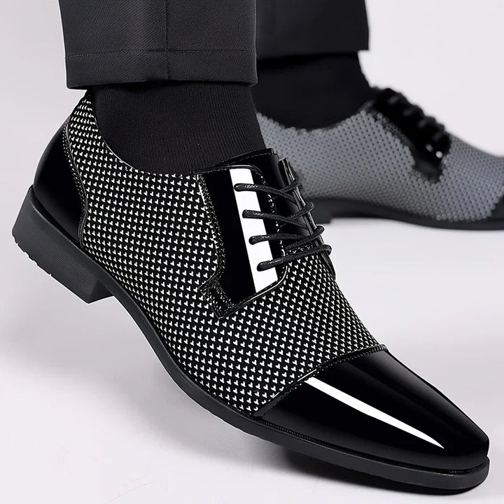 Men's patterned knit oxford dress shoes for formal events and business casual wear.