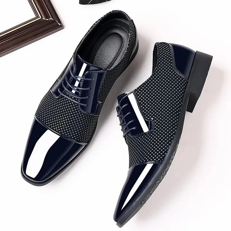 Side view of men's lightweight patterned knit oxford dress shoes, sleek and elegant.