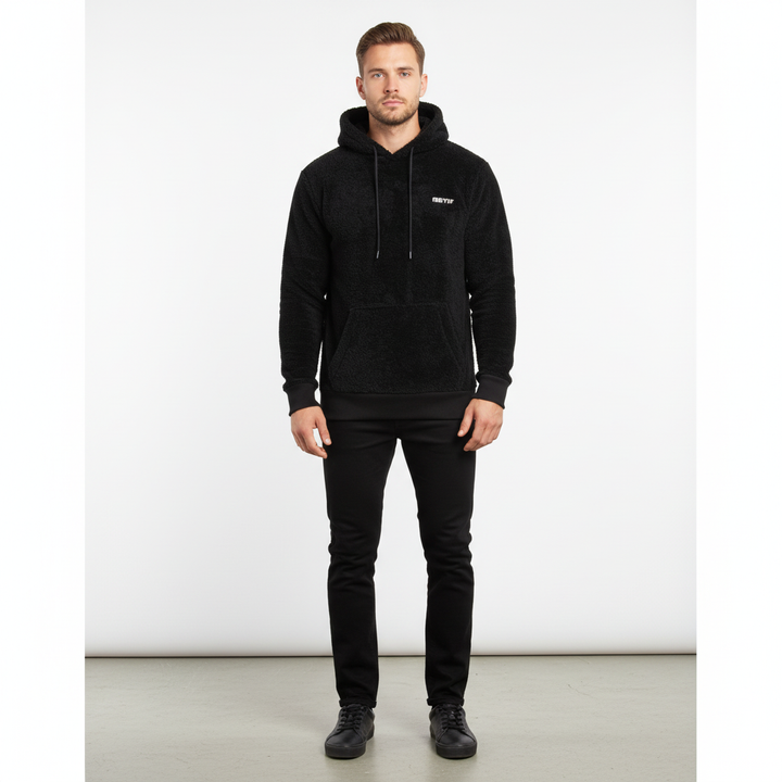 Detail of the hood and drawstring on a men's Paul padded fleece hoodie, comfortable design.