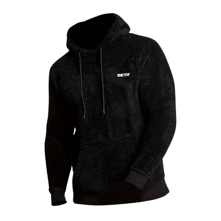 Athletic men's padded fleece hoodie, Paul style, shown in action, offering warmth and comfort.