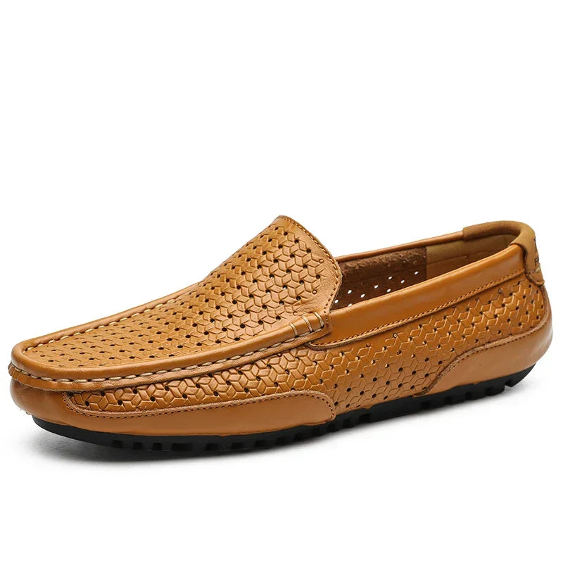 Stylish yellow men's perforated slip-on loafers, perfect for smart casual everyday wear.