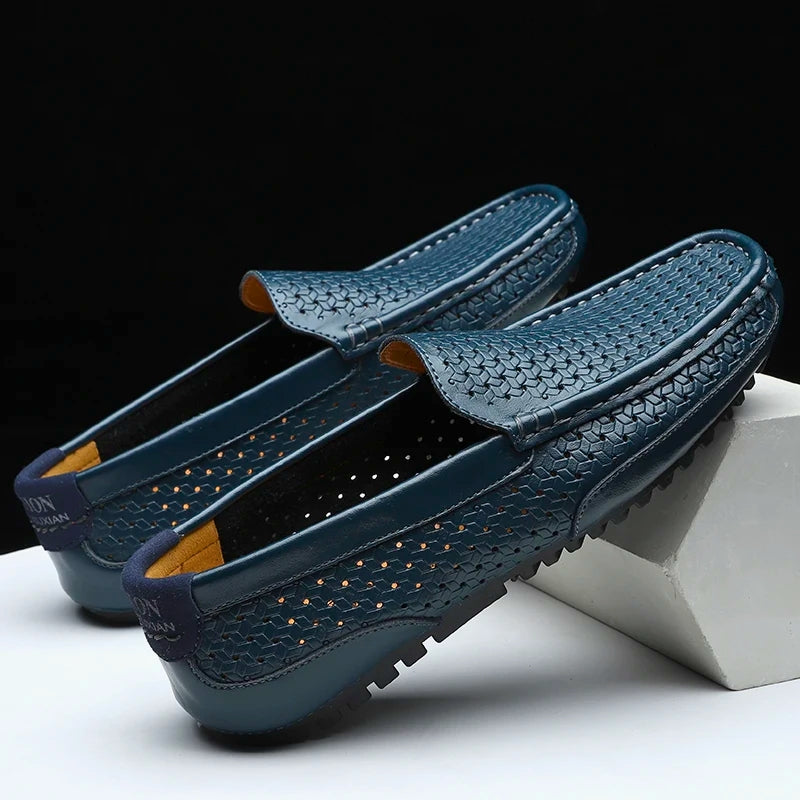 Khaki perforated slip-on loafers for men, offering comfort and a versatile casual look.