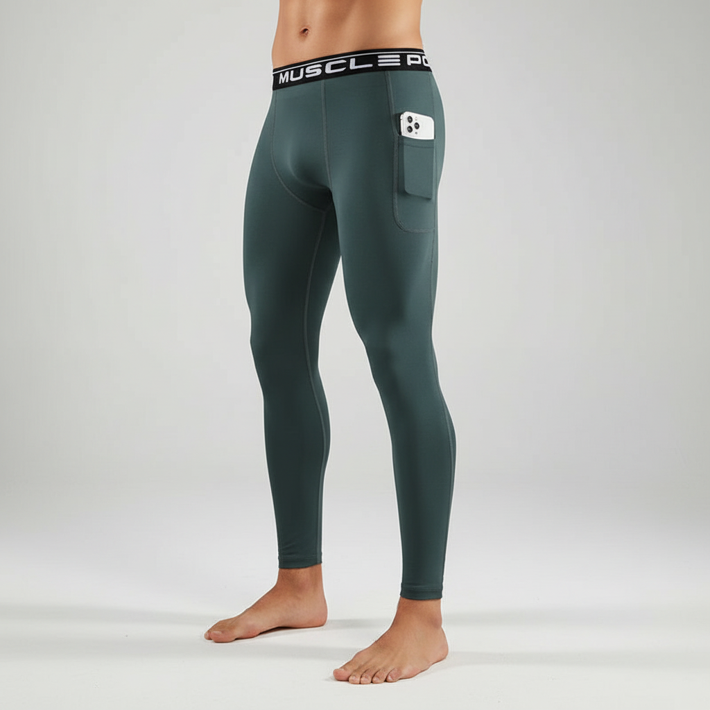 Professional shot of men's running leggings on a white background, highlighting their quality and style.
