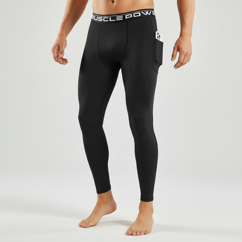 Action shot of a man jogging in black athletic leggings with phone pocket, illustrating their functionality.