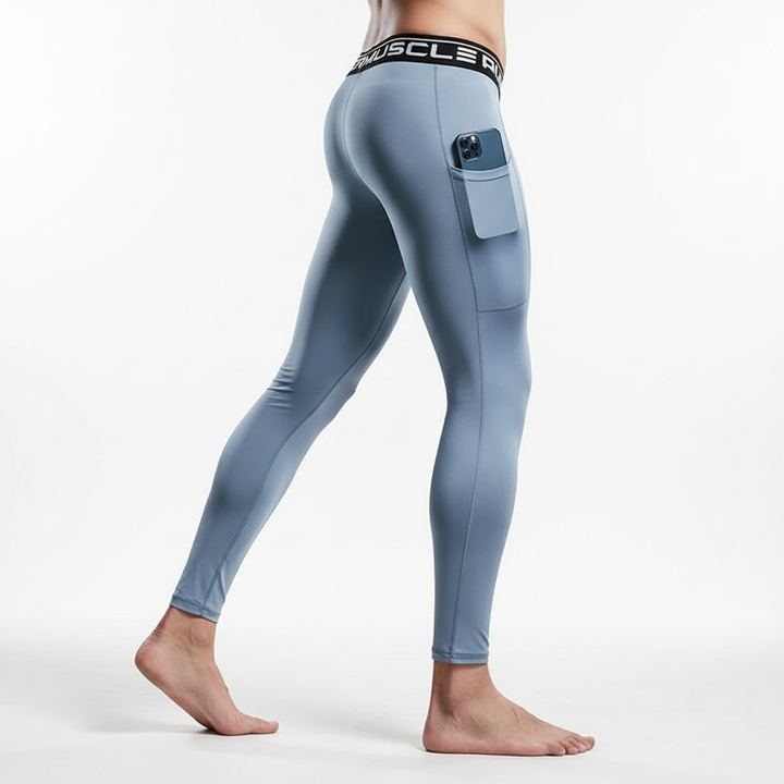 Close-up of the phone pocket on men's athletic leggings, showcasing its secure and practical design.
