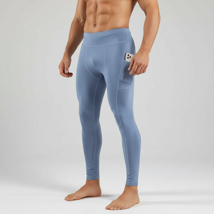 Full body shot of men's running tights, demonstrating the moisture-wicking fabric for gym wear.