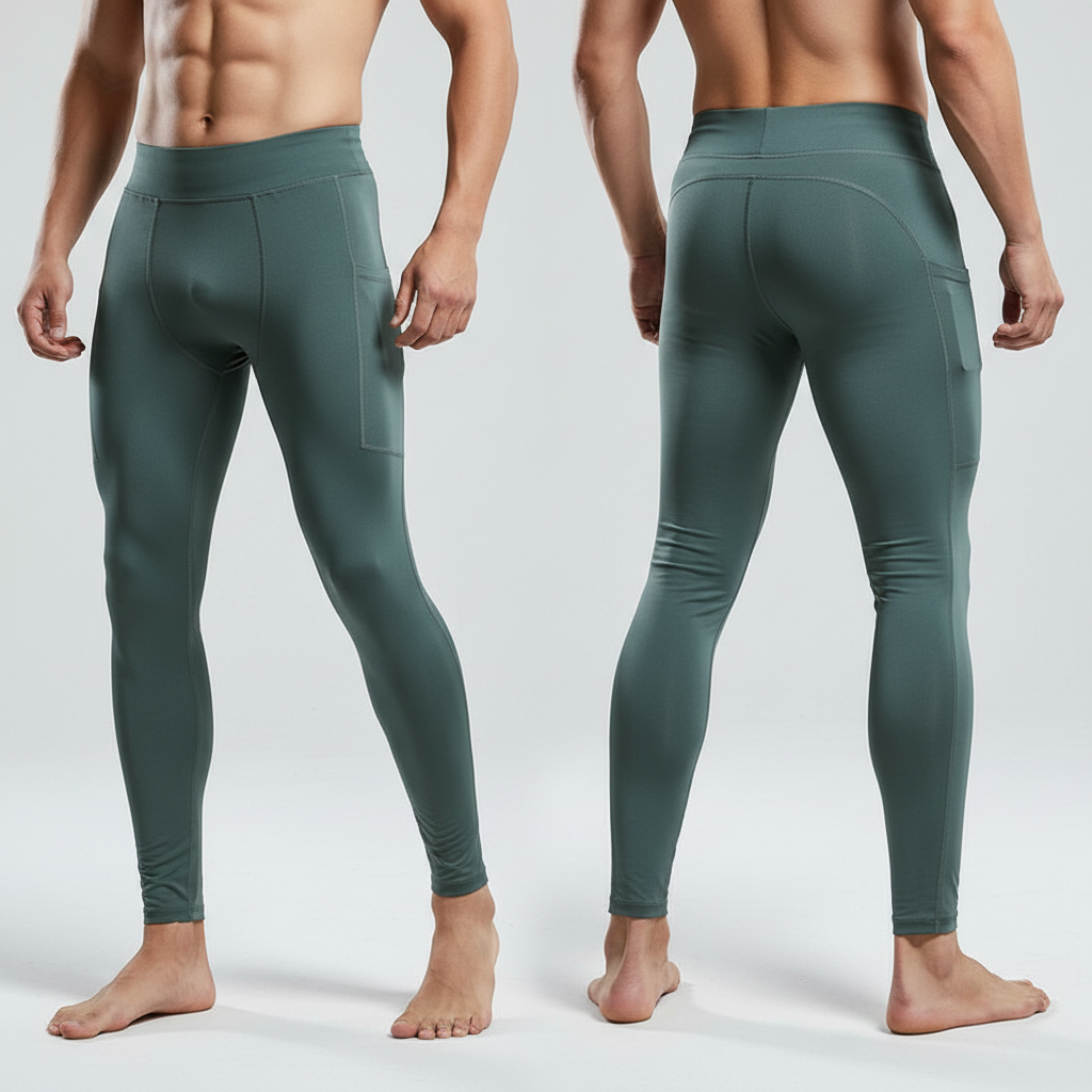 Stack of folded men's activewear leggings in various sizes, ready for workout and sport.