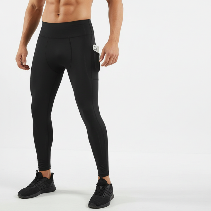 Detail of the moisture-wicking fabric on men's performance leggings, crucial for intense workouts.