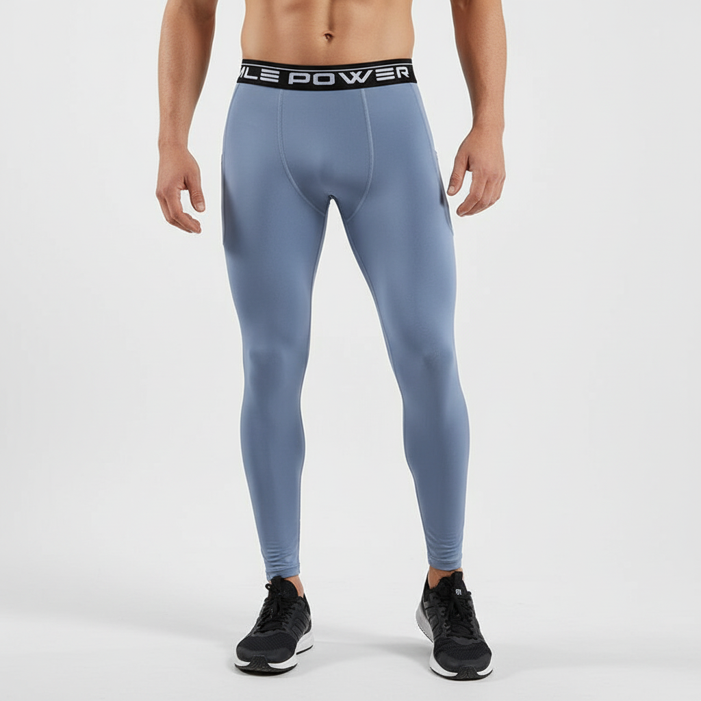 Back view of men's athletic compression pants, showing seam details and optimal fit for sports.