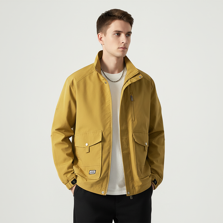 Close-up of windproof fabric on men's sport jacket, perfect for autumn workouts