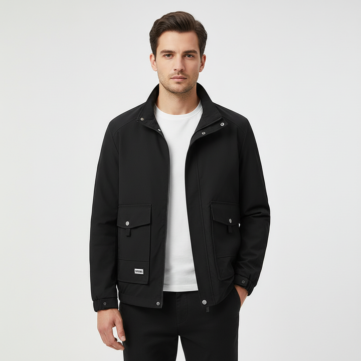 Full view of men's cold weather sport jacket, offering protection & flexibility