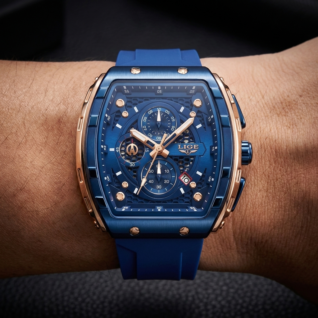 Men's Performance Barrel Dial Watch with black silicone strap, water resistant, luminous hands, and calendar display.