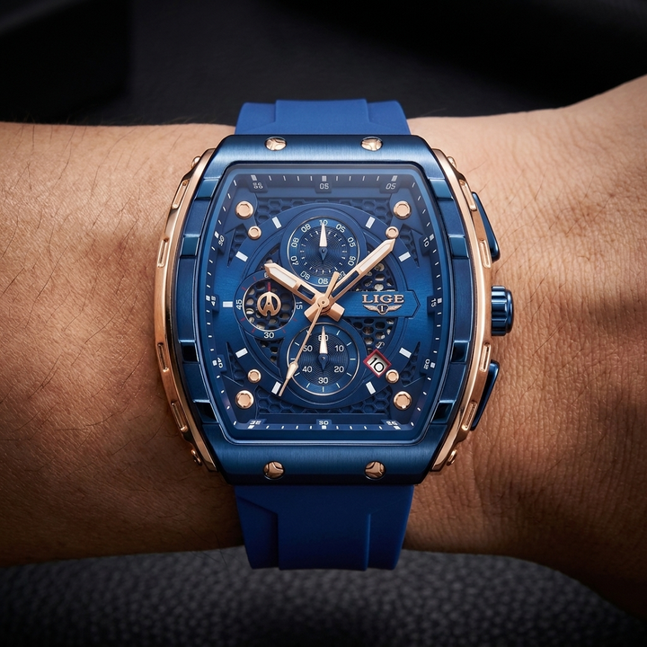 Men's Performance Barrel Dial Watch with black silicone strap, water resistant, luminous hands, and calendar display.