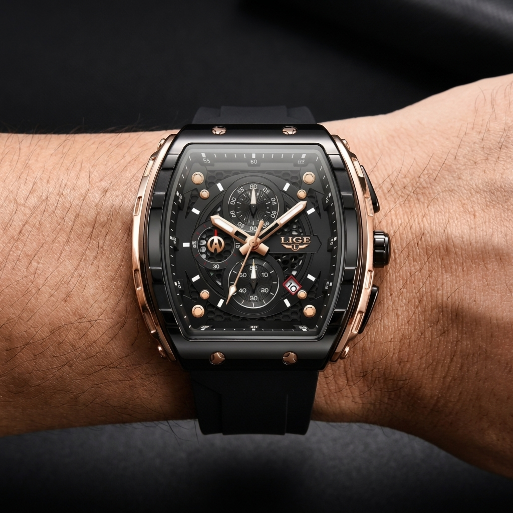 Sporty men's performance watch featuring a unique barrel dial, durable silicone strap, and water resistance.